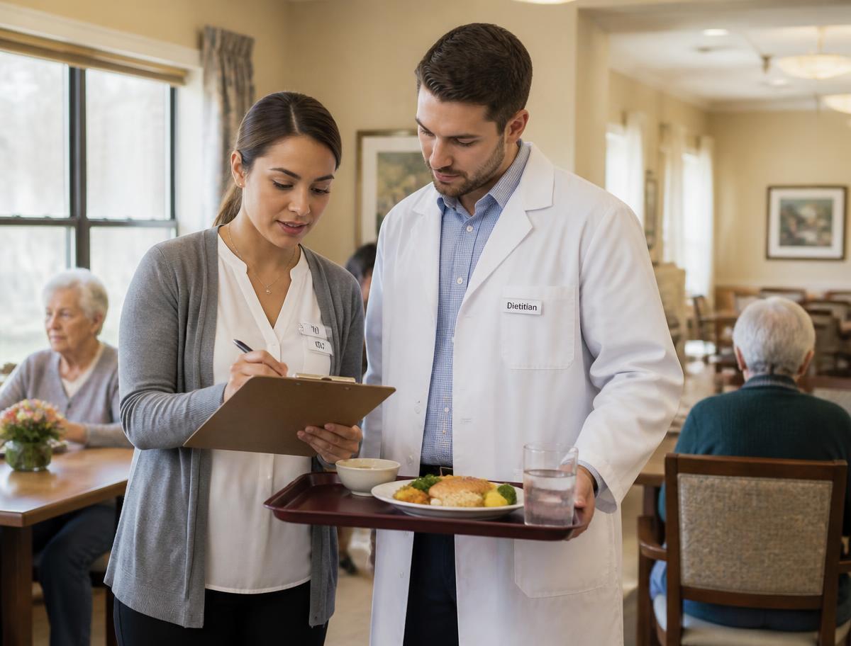 Two nutrition professionals reviewing a resident meal tray