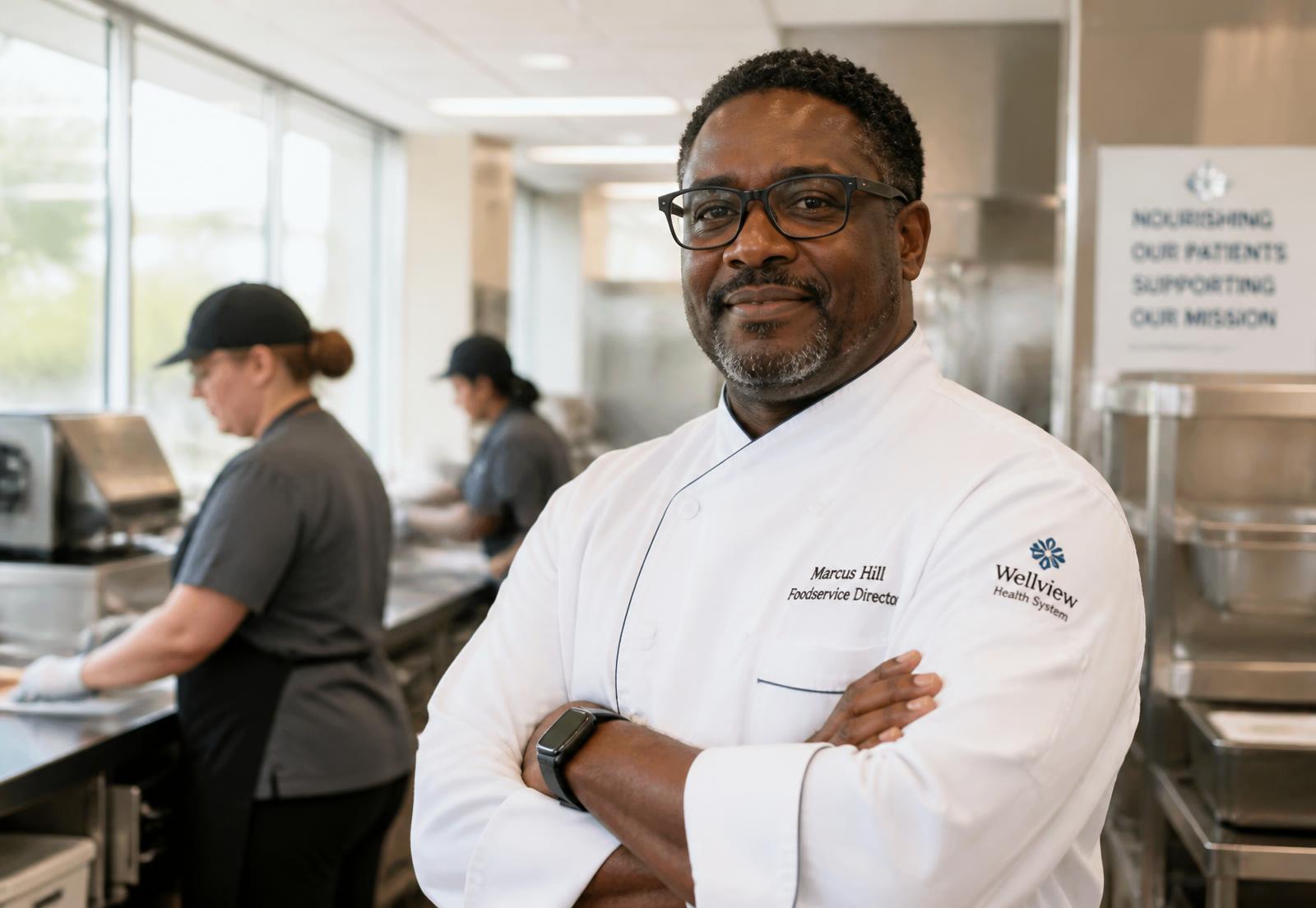 A foodservice director standing in a healthcare kitchen with his team